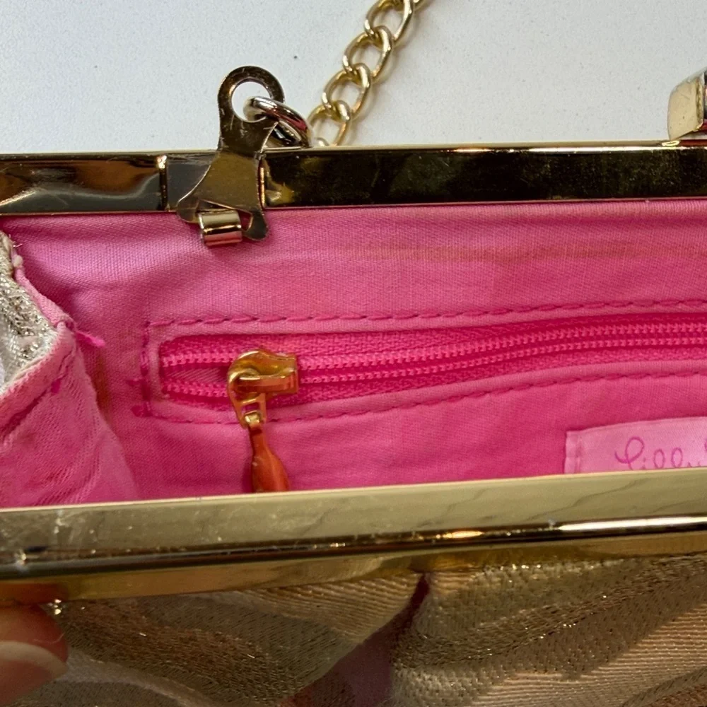 Lilly Pulitzer Gold Shimmer Cream Pink Clutch Bag w golden chain